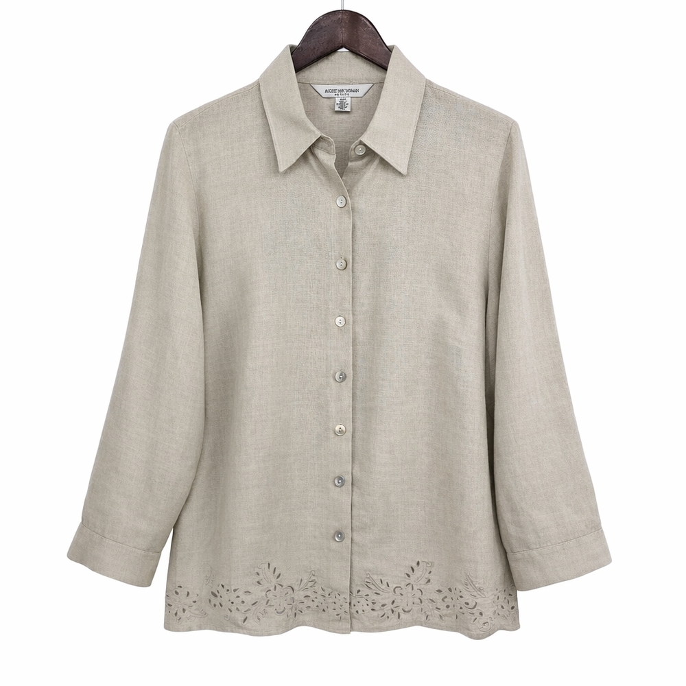 August Max Woman 16 Petite Linen Button Shirt Beige Floral Eyelet Minimalist